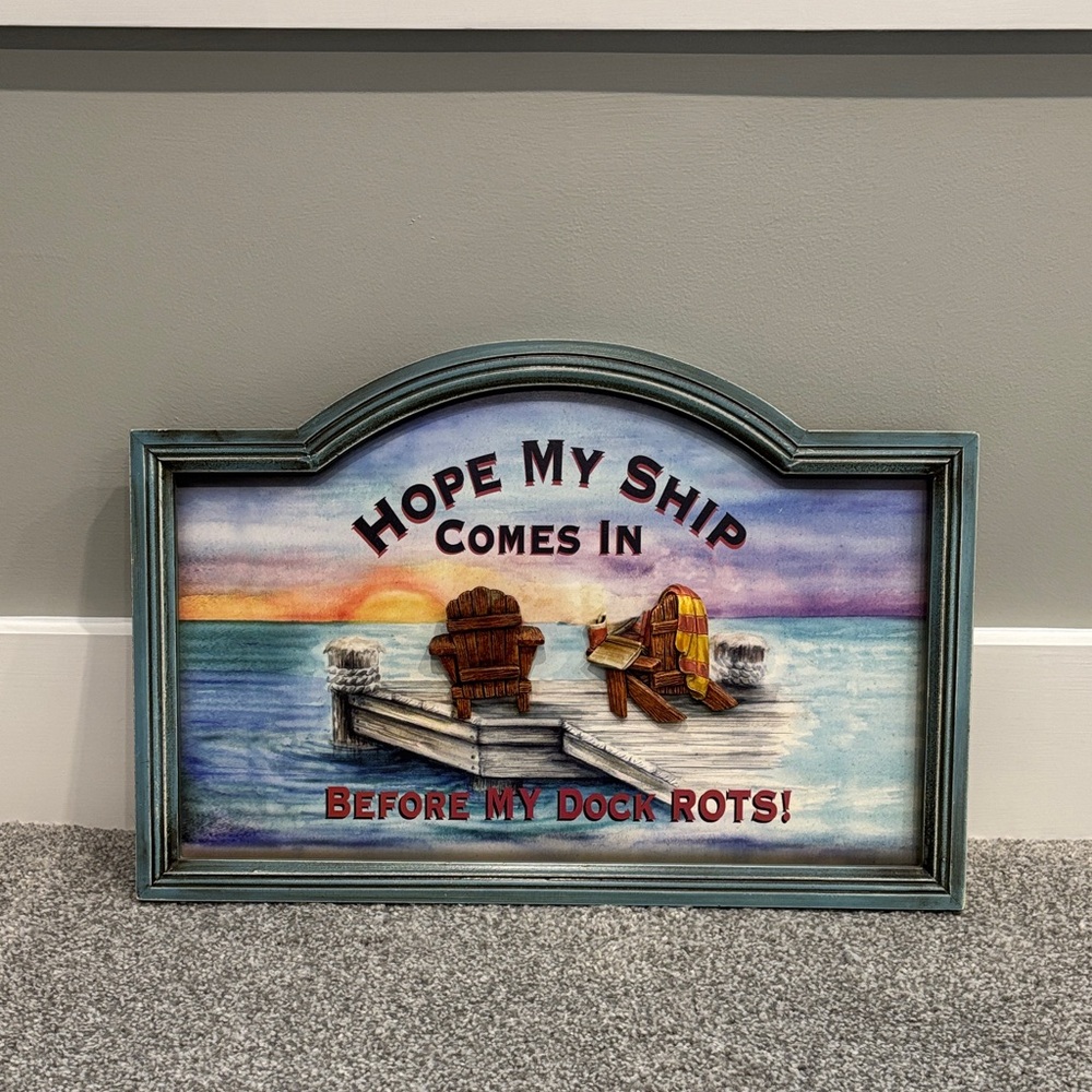 Coastal 'Hope My Ship Comes In' Mixed Media Wall Art  - Teal Frame